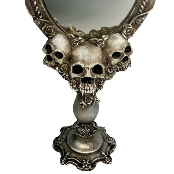 Gothic Skull Roses Floral Standing Mirror Silver Tone Vanity Table Top Decor - Picture 4 of 10